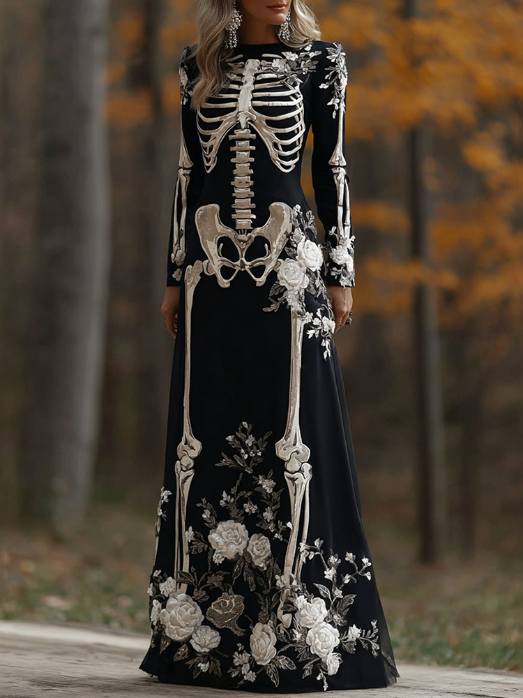 Women's Vintage Halloween Skeleton Bones With Rose Art Cozy Long Sleeve Maxi Dress