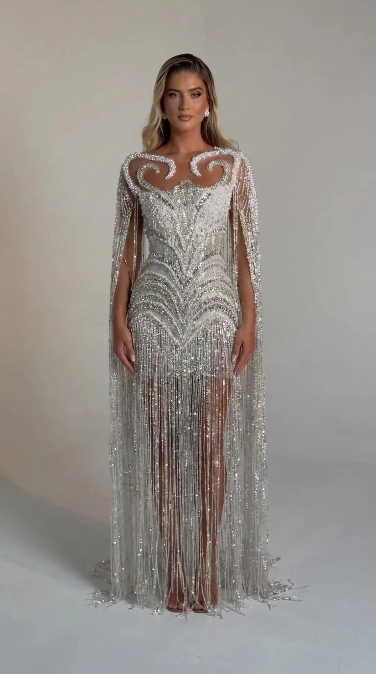 Luminous Fringe Cape Evening Gown