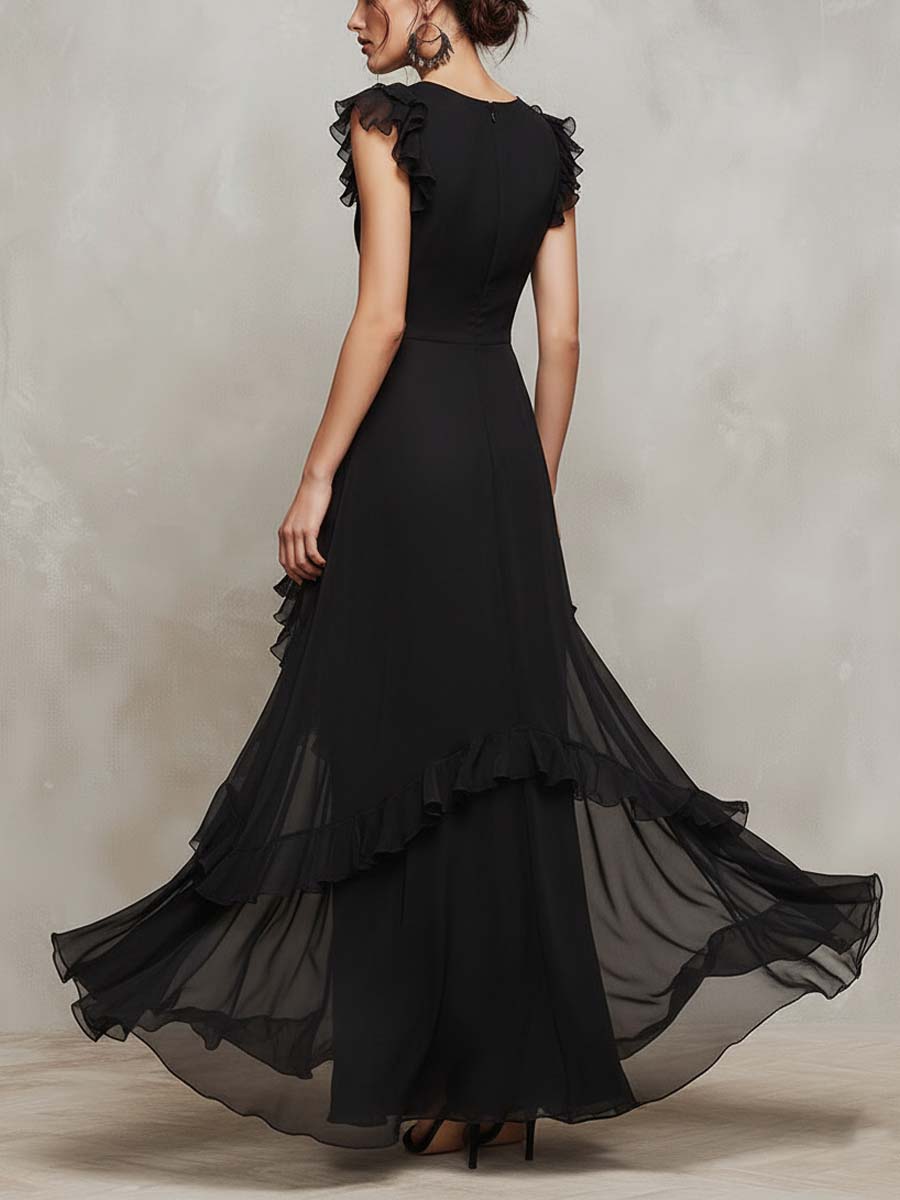Sheer Ruffle-Trim Asymmetric Maxi Dress
