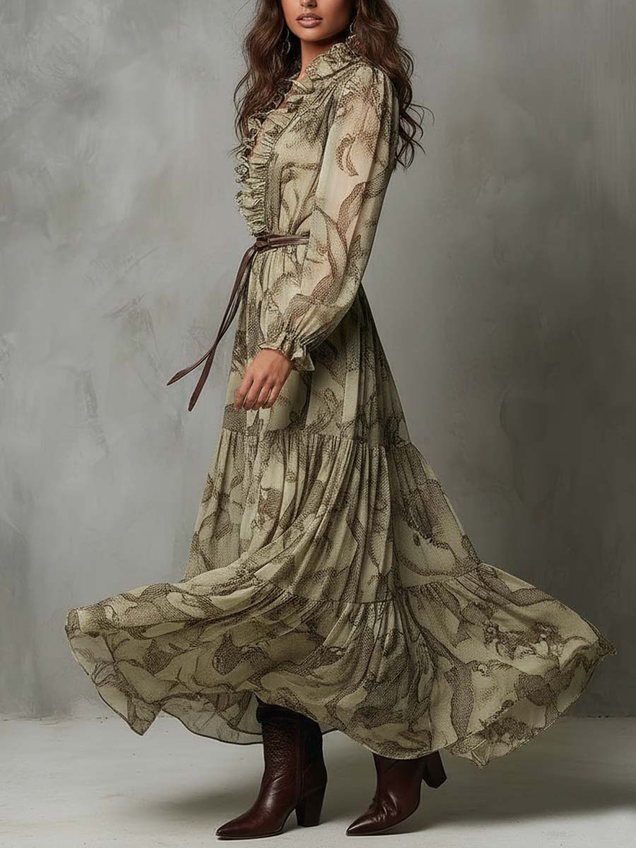 Ruffled V-Neck Chiffon Maxi Dress – Desert Python Print