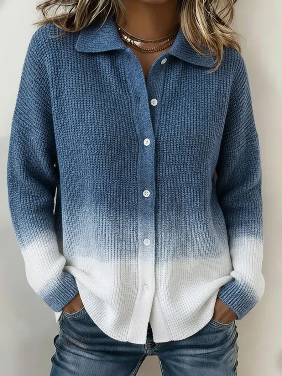 Casual Gradient Blue Shirt Button Knit Sweater