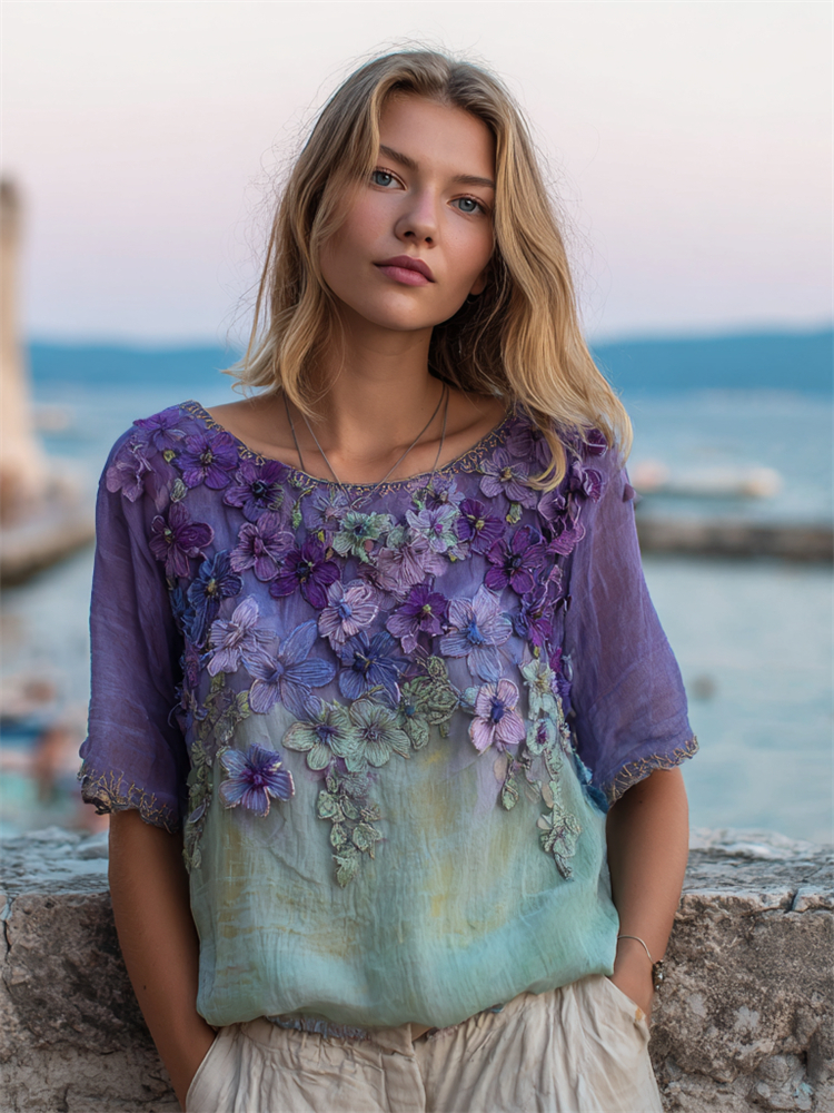 Classy Purple Floral Embroidered Gradient Flowy Linen Shirt