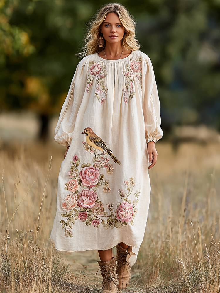 Women's Vintage Boho Roses And Birds Art Casual Dress