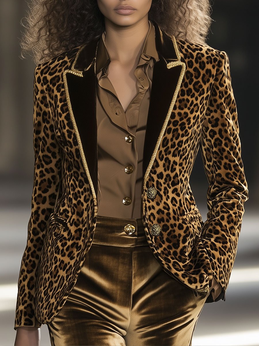 Casual Fashion Velvet Leopard Print Contrast Lapel Gold Edge Blazer