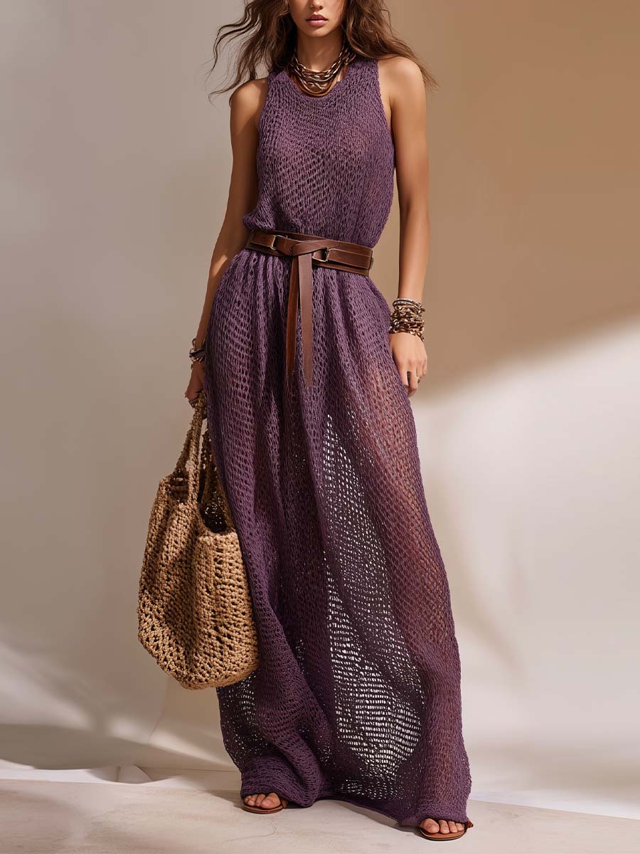Bohemian Vacation Textured Open-Knit Sleeveless Maxi Dress With Waist Belt