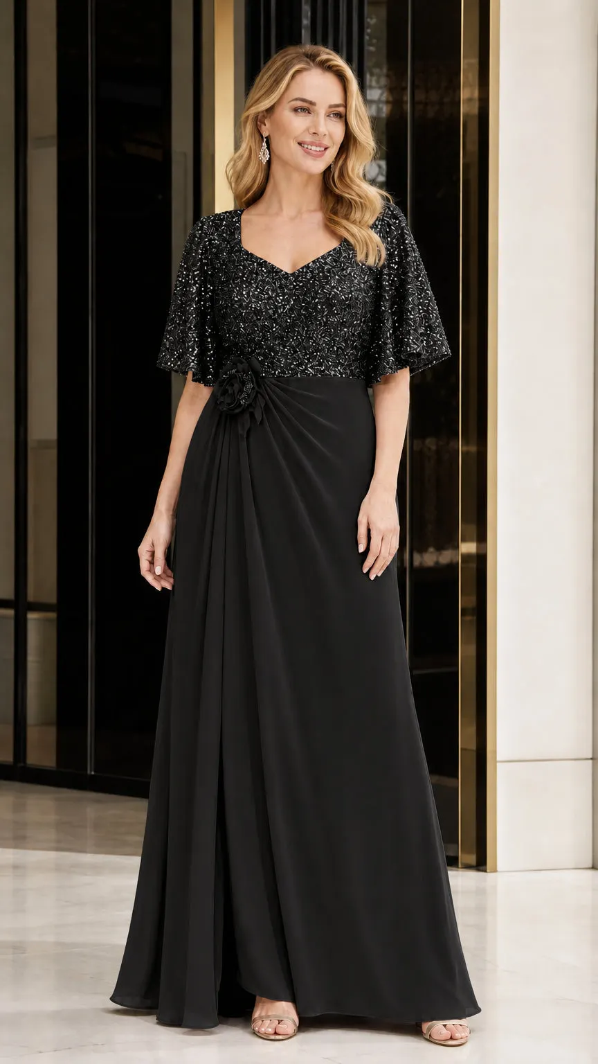 Elegant V-Neck Flare Sleeve Formal Evening Gown