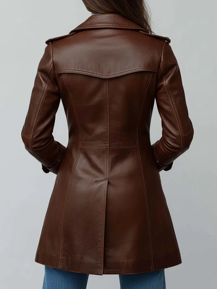 Vintage Brown Leather Double-Breasted Trench Coat