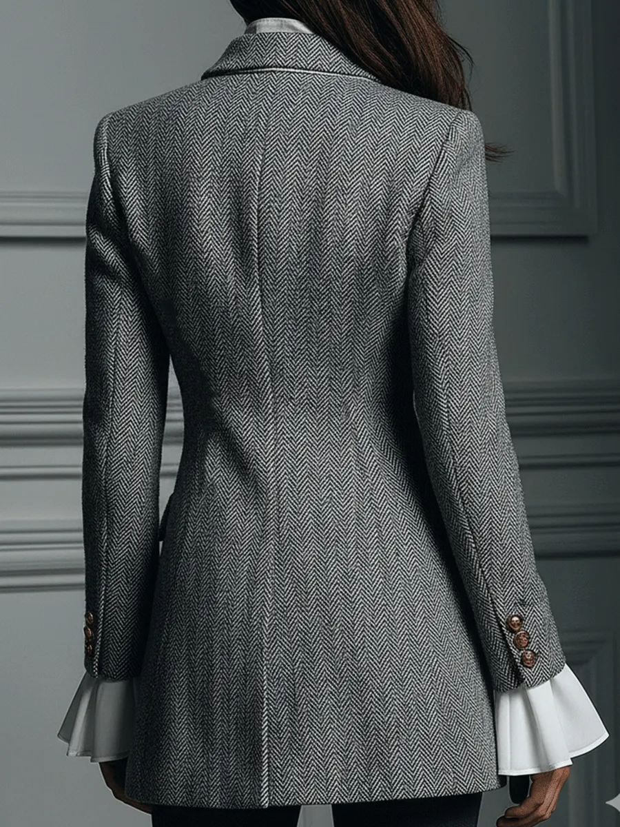 Classic Grey Houndstooth Wool Long Coat