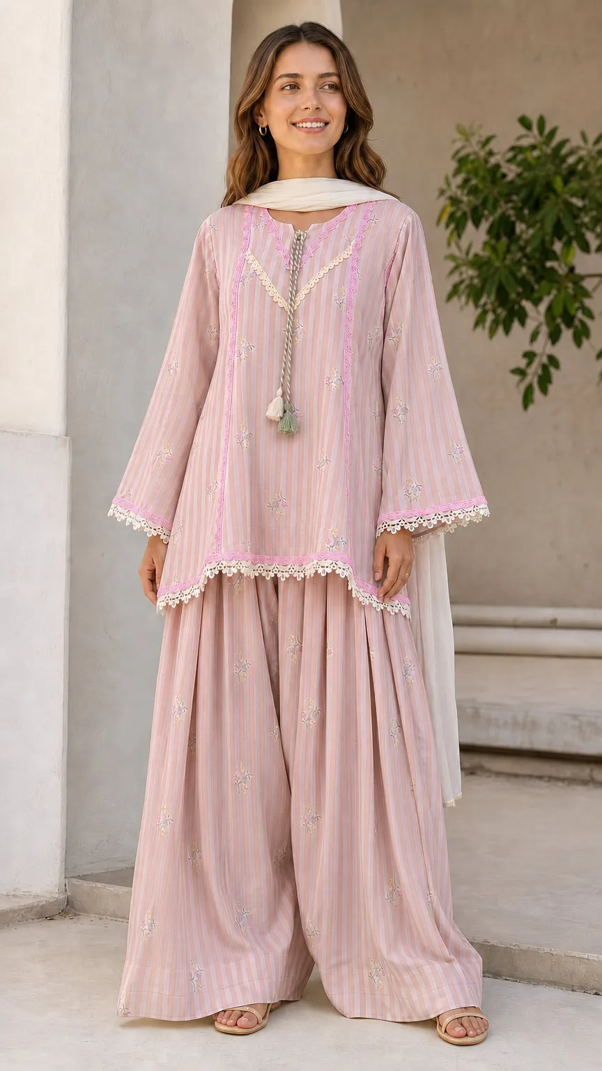 Ethnic Striped Kurti with Sharara and Dupatta Set