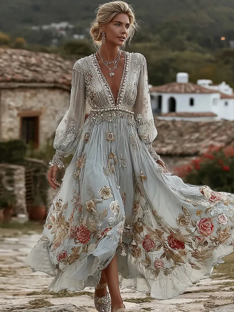 Women's Vintage Bohemian Floral Embroidered Casual Long Sleeve Dress