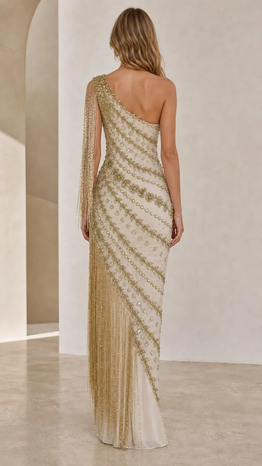One-Shoulder Fringe Evening Gown