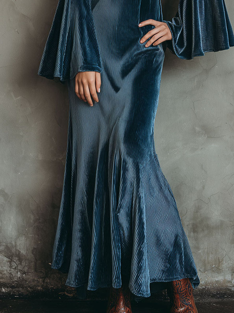 Bohemian Pleated Texture Velvet Flare-Sleeve Maxi Dress