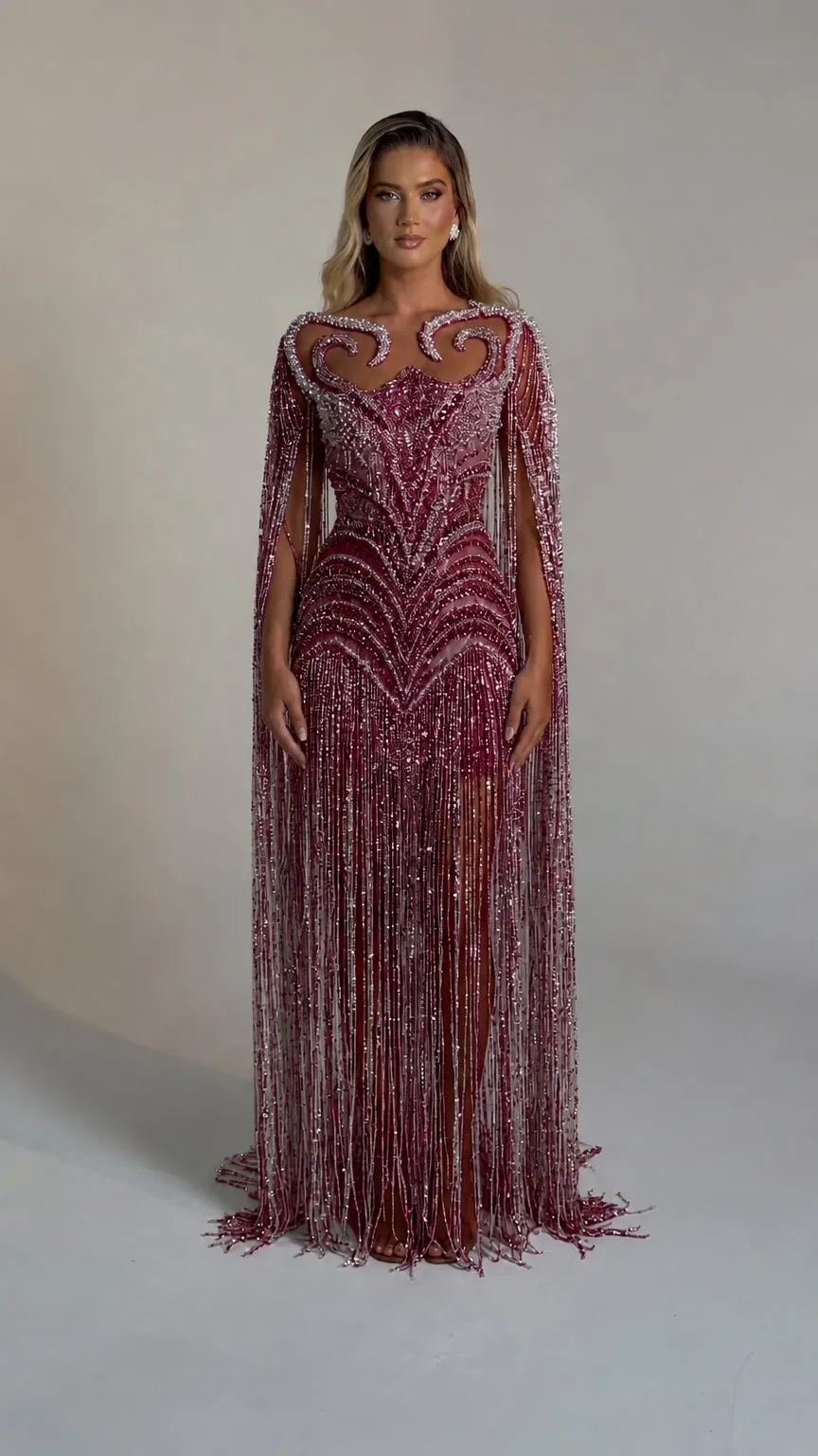 Luminous Fringe Cape Evening Gown