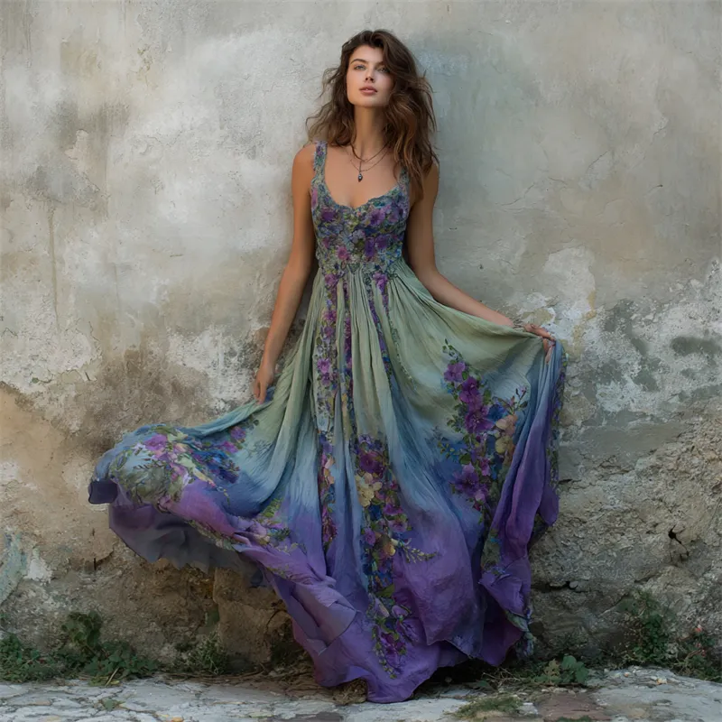 Vintage Floral Embroidered Purple Gradient Flowy Linen Maxi Dress