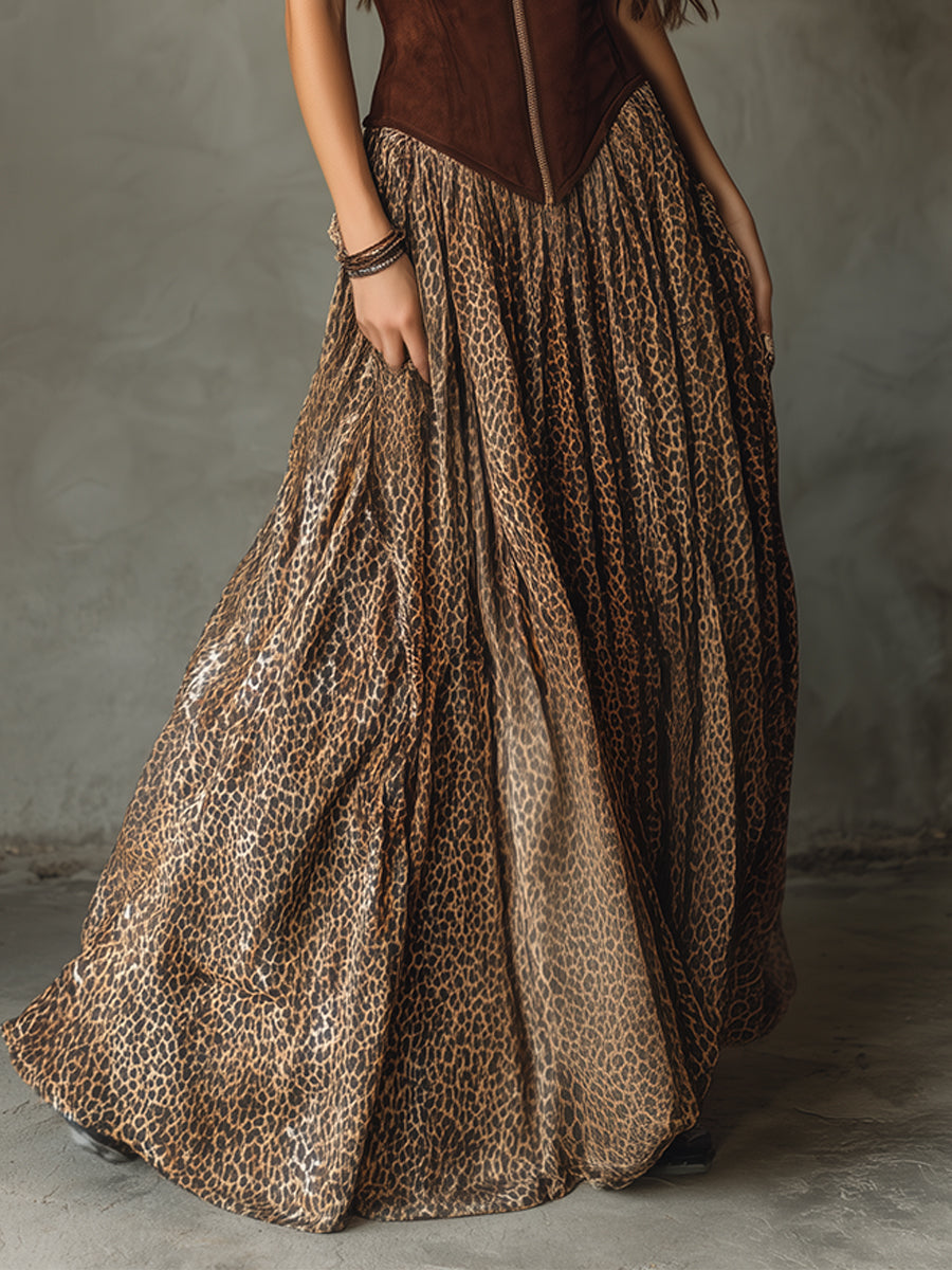 Bohemian Nomadic Leopard Print Eco-friendly Suede Suspender Maxi Dress