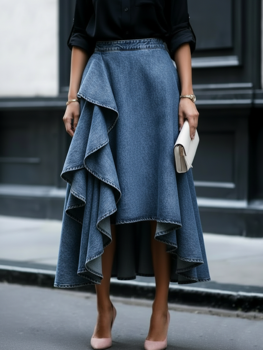 Elegant Stylish Multi-layered Ruffled Denim Skirt