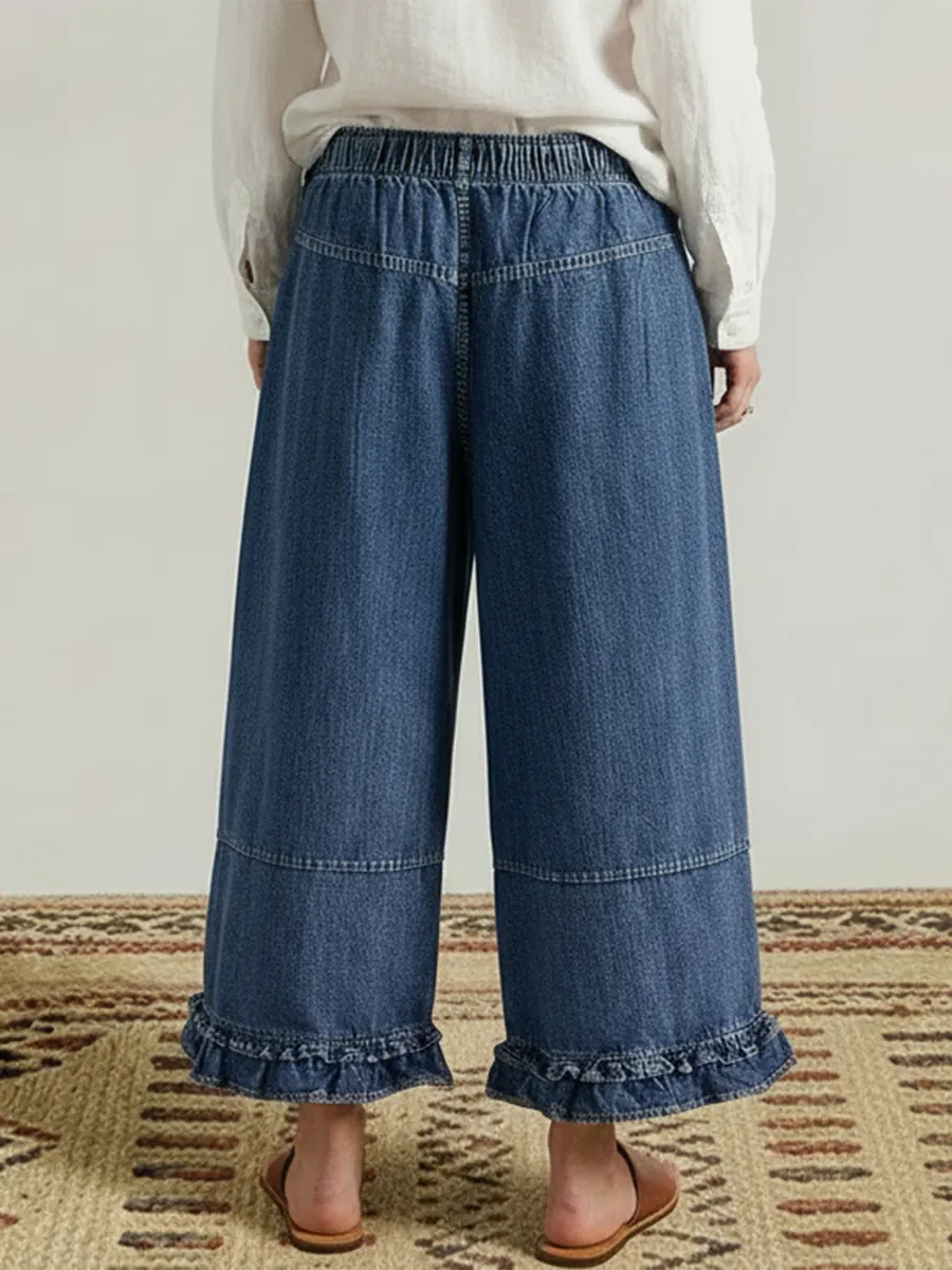 Casual Cozy Ruffled Details Denim Wide-leg Pants