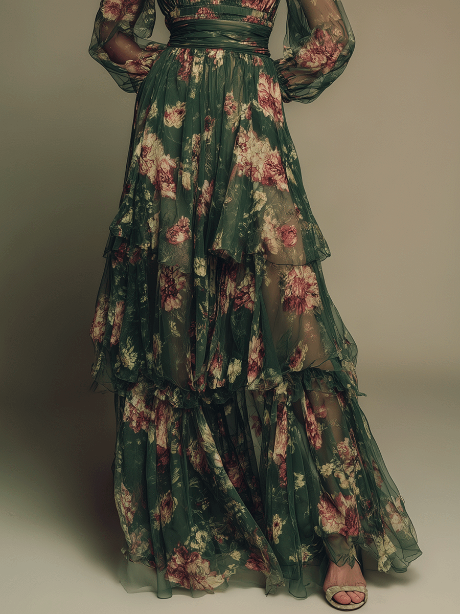 Vintage Floral Tiered Chiffon Maxi Dress