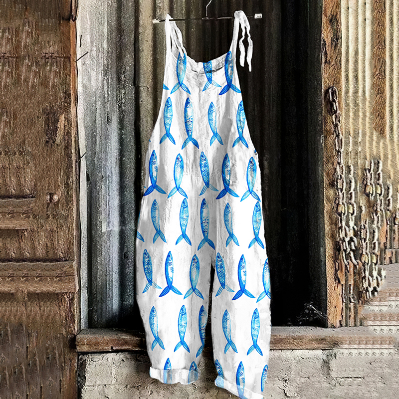 Retro Sardinas Ocean Fish Art Print Linen Loose Casual Jumpsuit