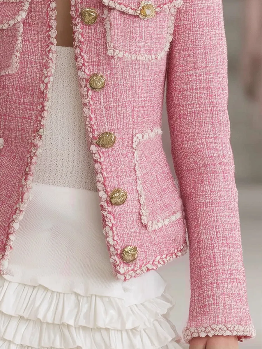 Designer Pink Tweed Patchwork White Trim Button Jacket
