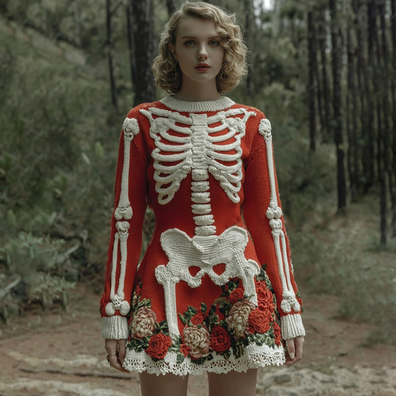 Women's Vintage Halloween Skeleton Bones Rose Comfortable Elegant Sweater Dress