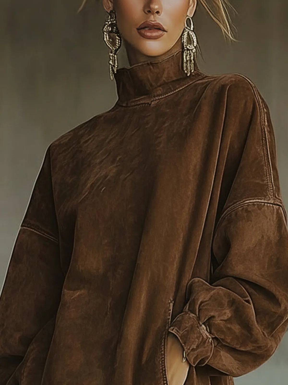 Brown Faux Suede Turtleneck Oversized Dress With Fringe Detail