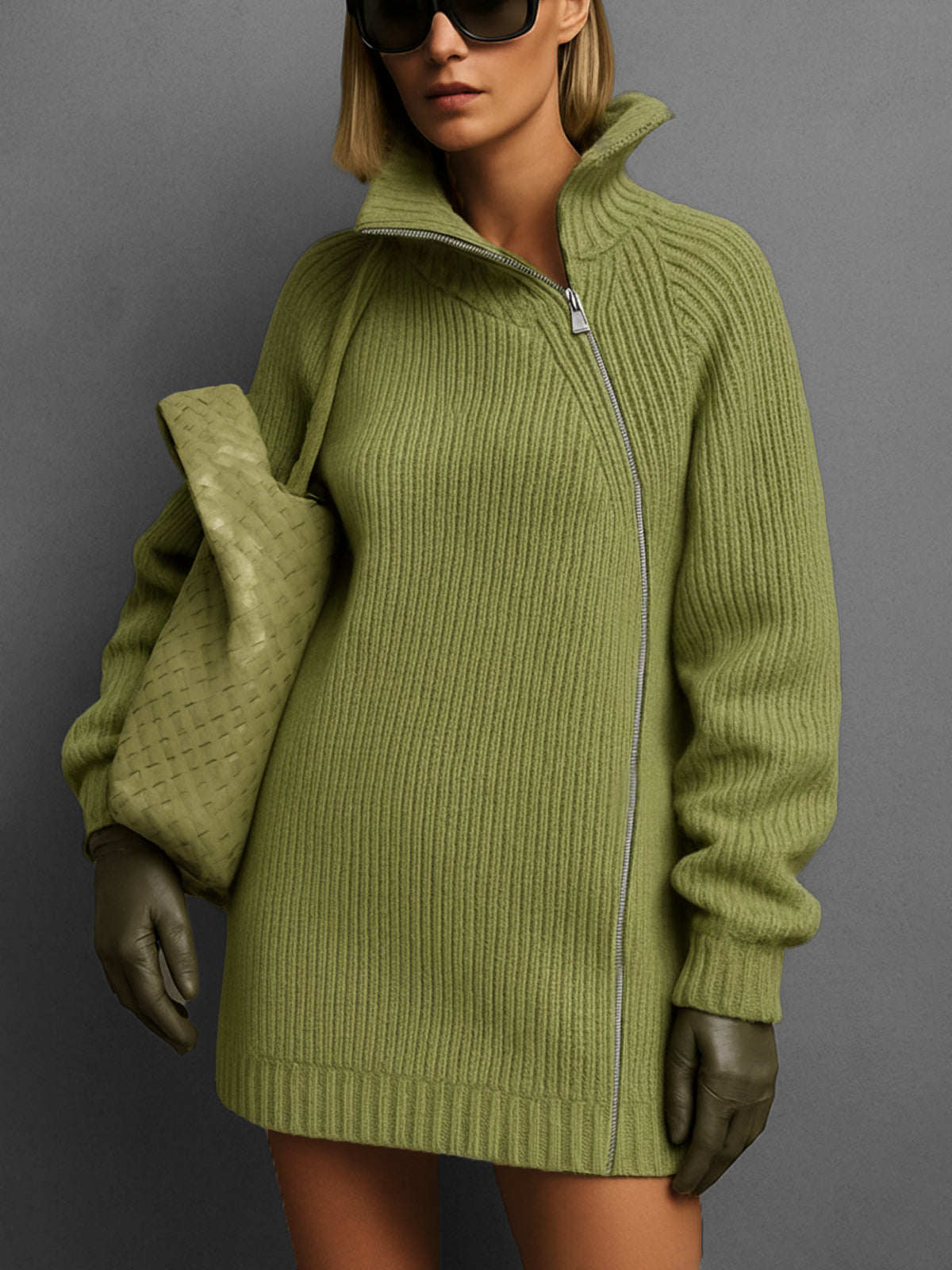 Olive Ribbed Knit Zip-Up Sweater Dress