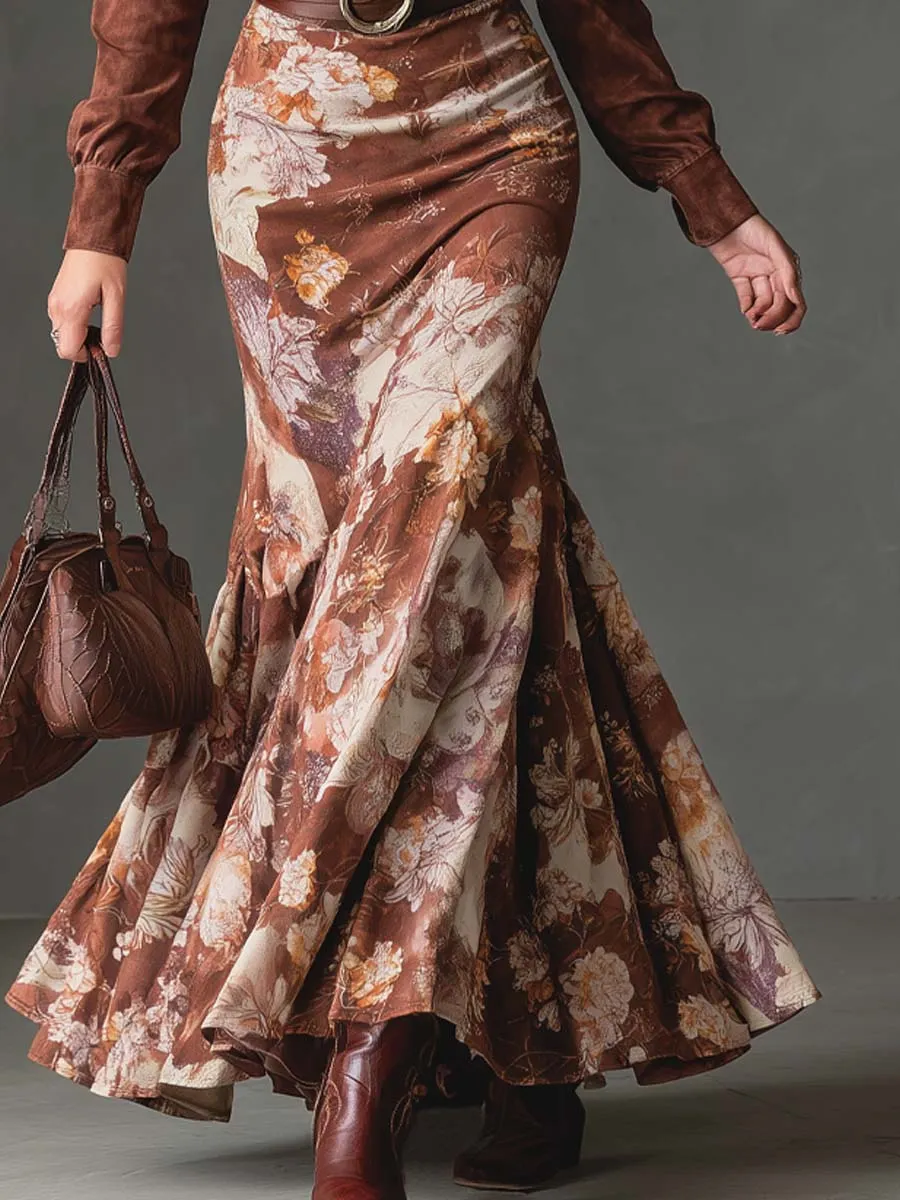Vintage Floral Flare Hem Polyester Suede Maxi Dress
