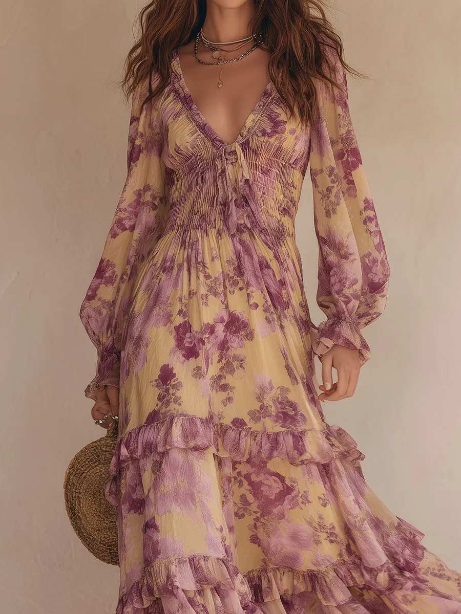 Bohemian Holiday Floral Pleated Waist Chiffon Ruffle Hem Maxi Dress