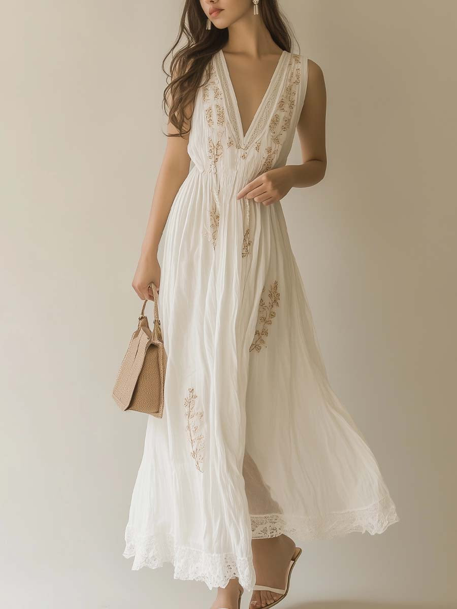 Bohemian Embroidered Sleeveless Chiffon Maxi Dress
