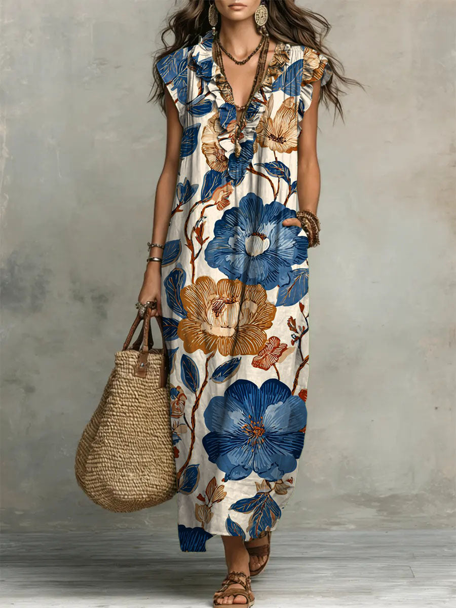 Floral Print V-Neck Ruffle-Trim Maxi Dress