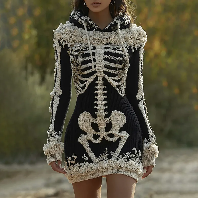 Women's  Halloween Skeleton Bones With Roses Art Cozy Knit Hooded Sweater Dress