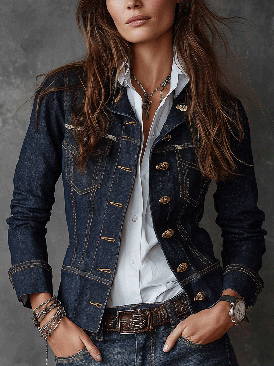 Vintage Dark Wash Denim Military Jacket