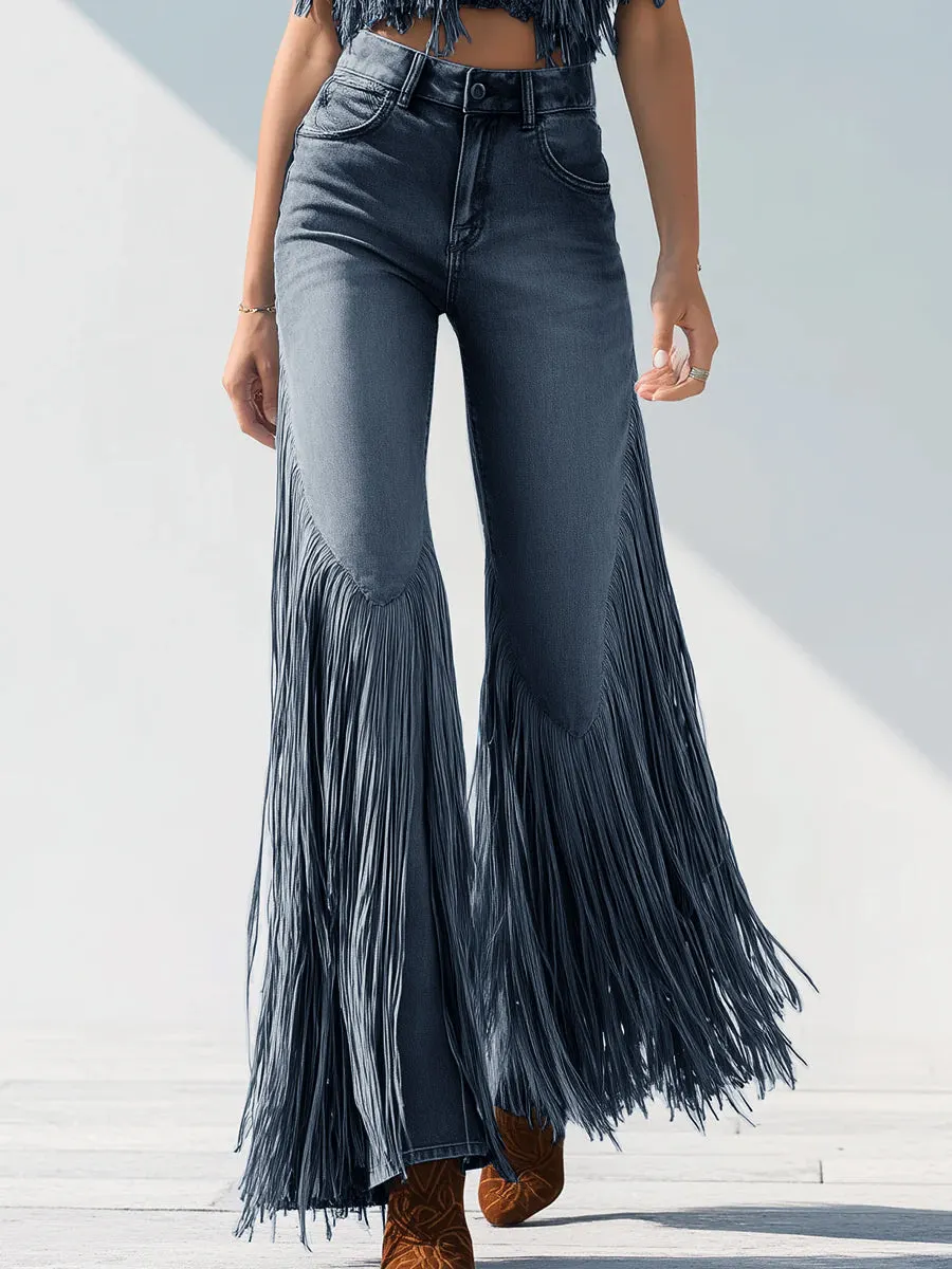 Trendy Retro Tassel Flared Jeans