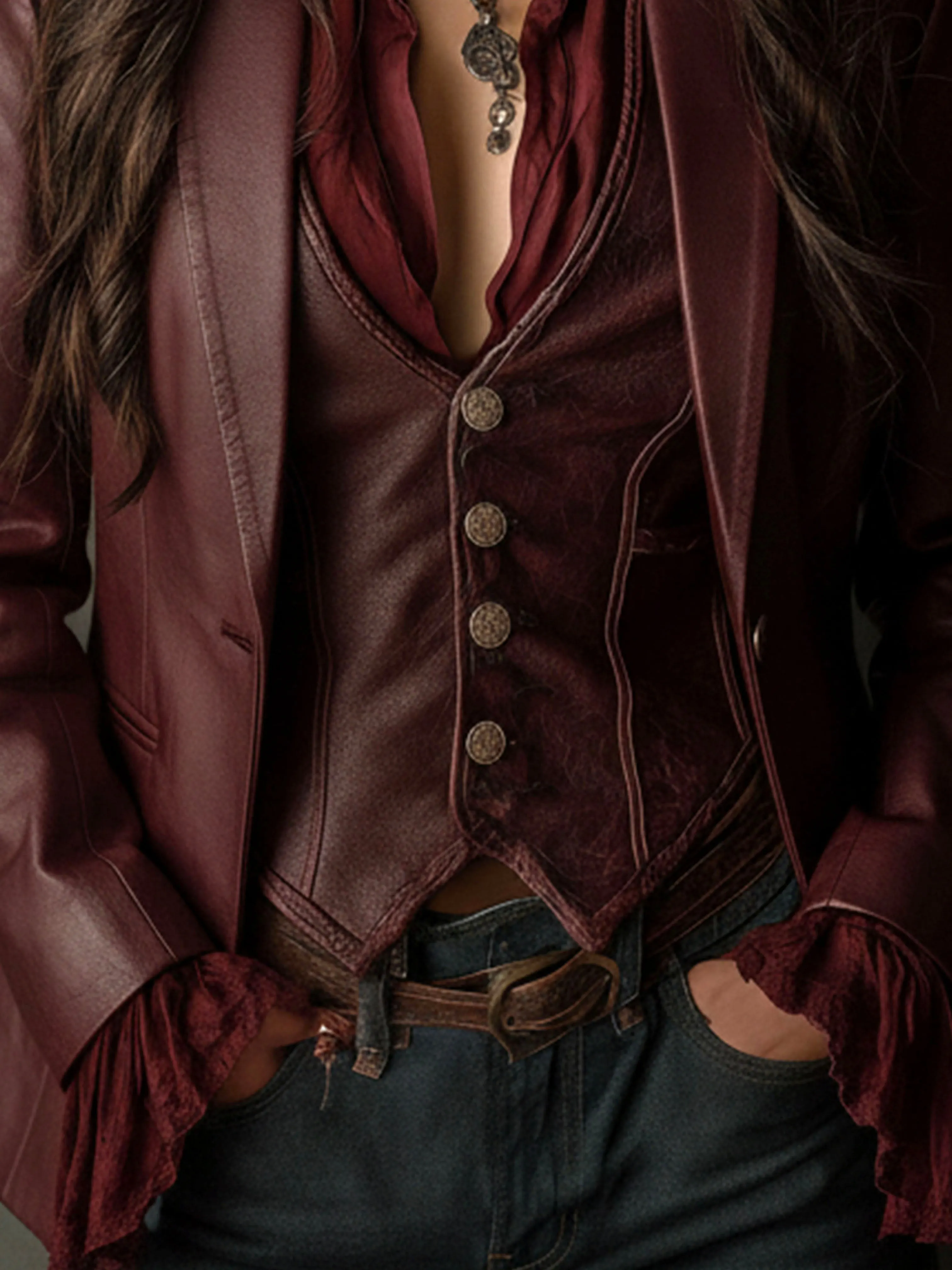 Vintage Burgundy Eco Leather Blazer