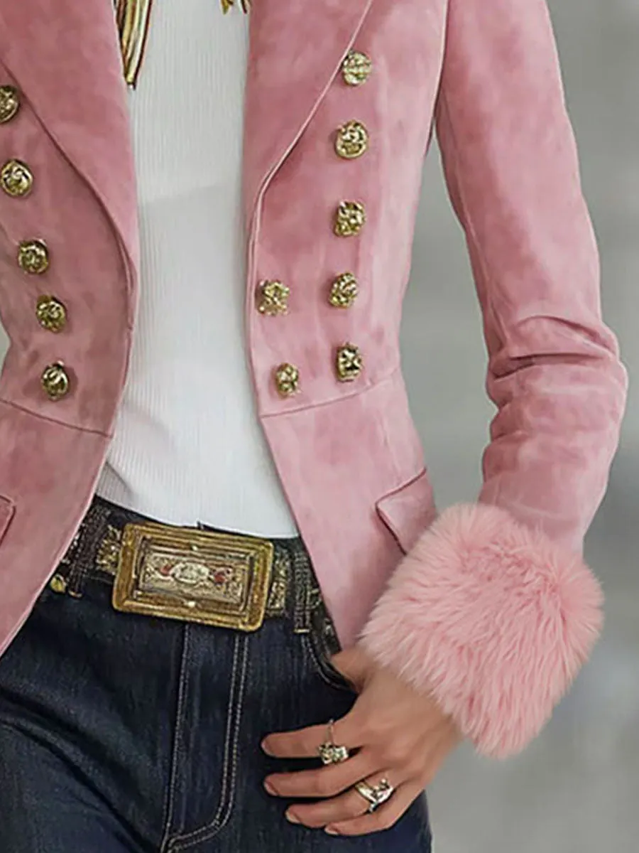Lapel Multi-button Faux Suede And Fur Blazer