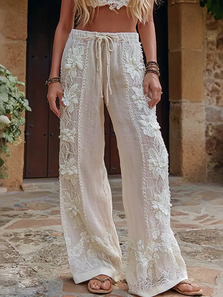 Women's Floral Lace Patchwork Embroidery Art Pants
