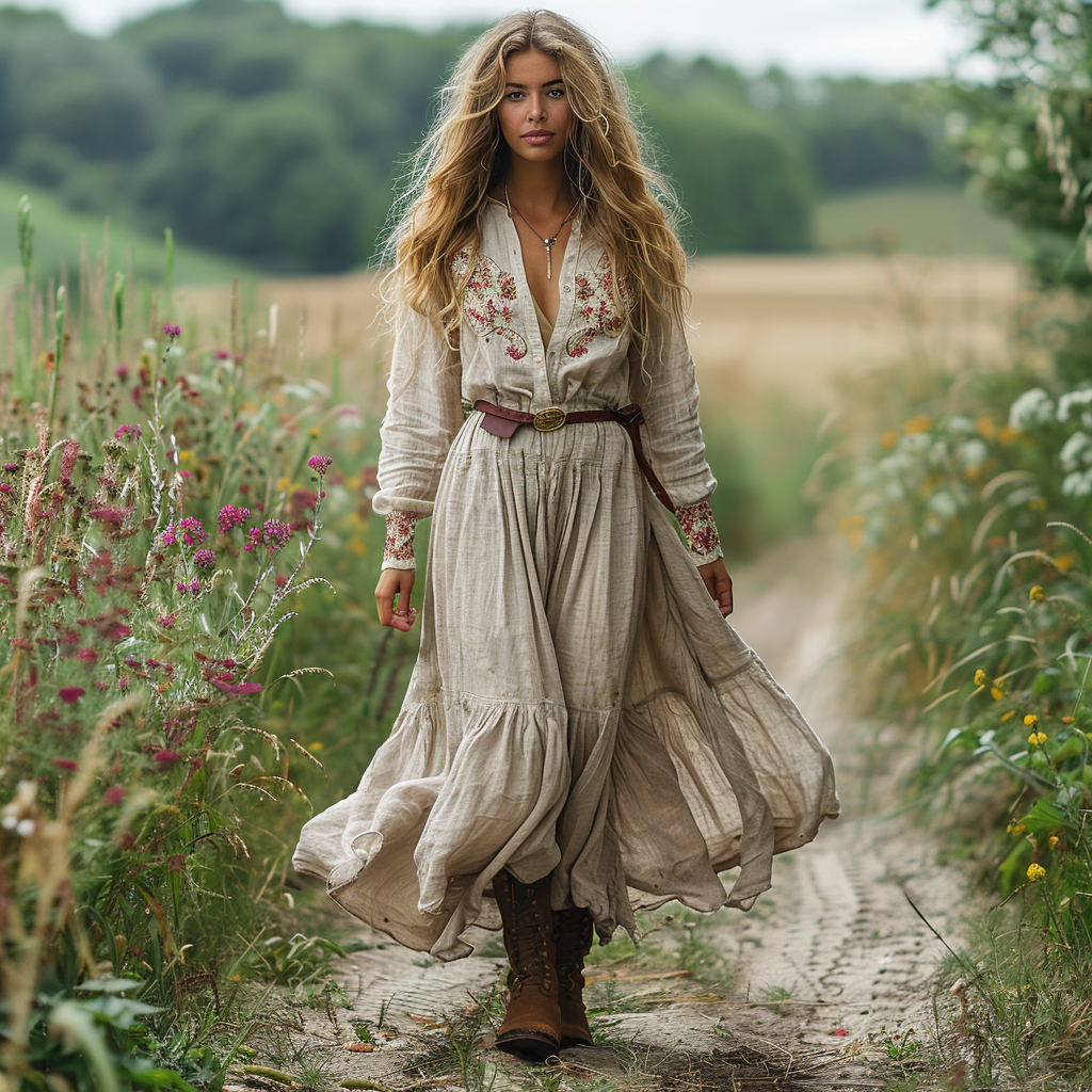 Vintage V-neck Floral Bohemian Pastoral Style Long-Sleeve Maxi Dress