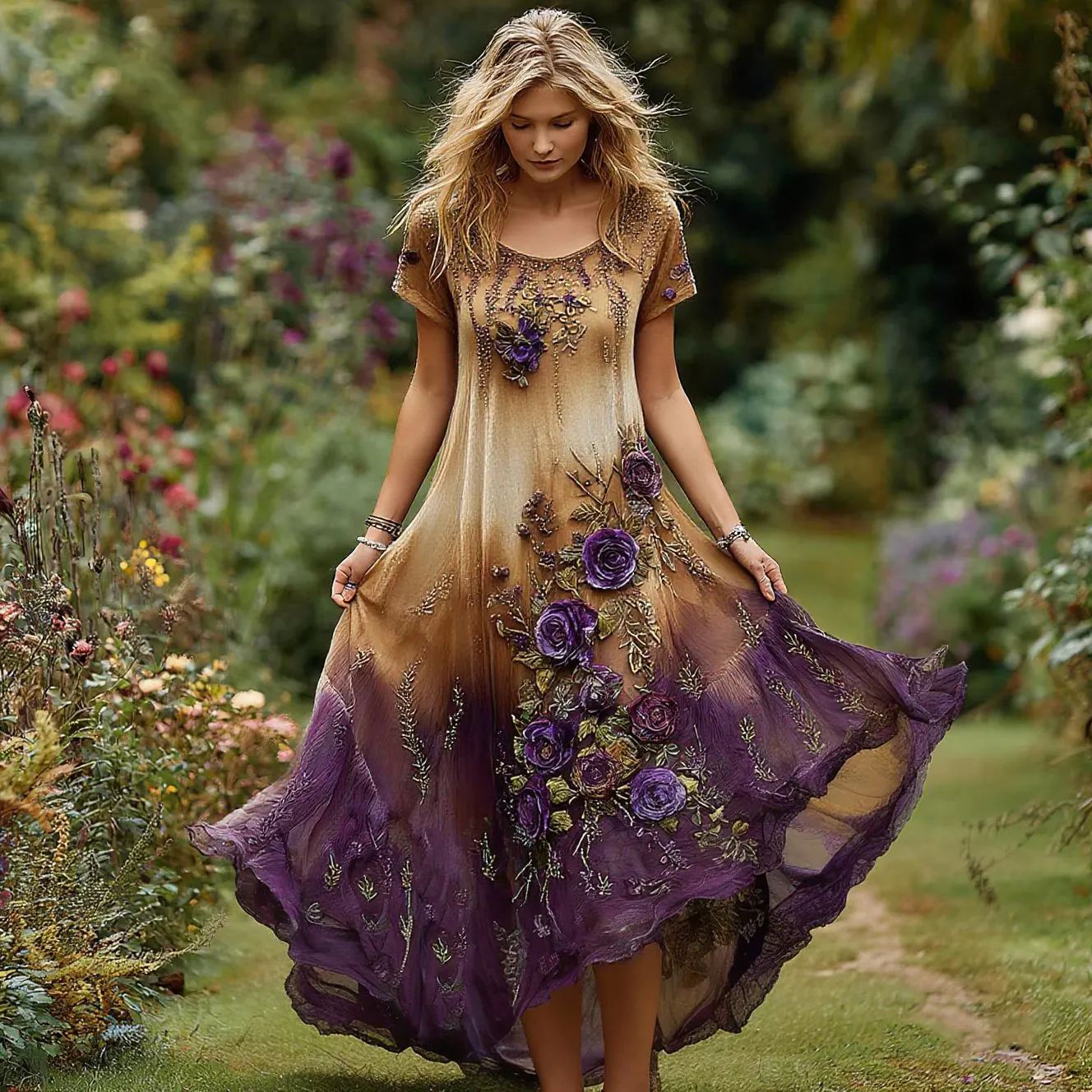 Women's Vintage Floral Embroidery Gradient Pattern Round Neck Dress