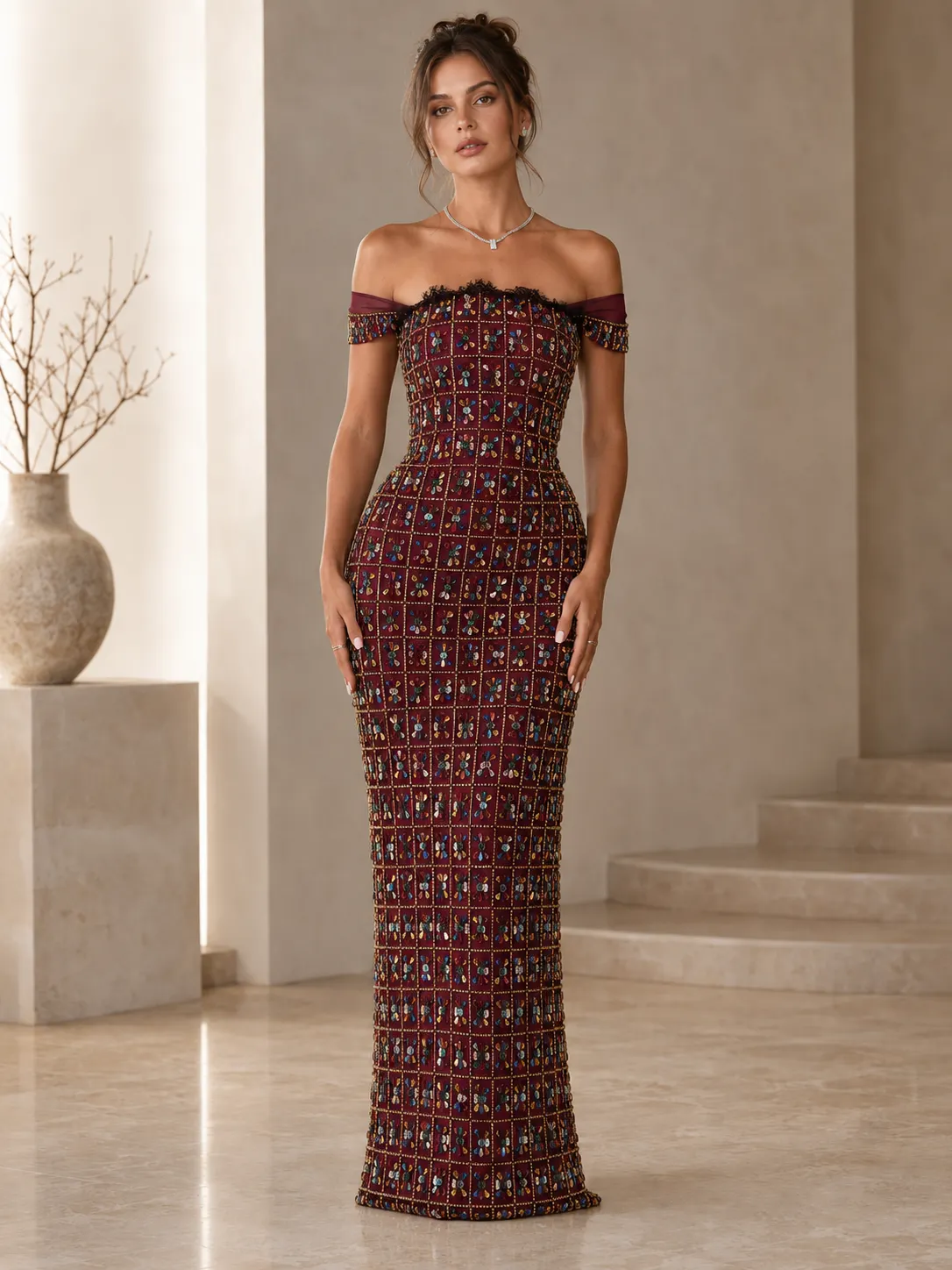 Off-Shoulder Embellished Mermaid Maxi Dress