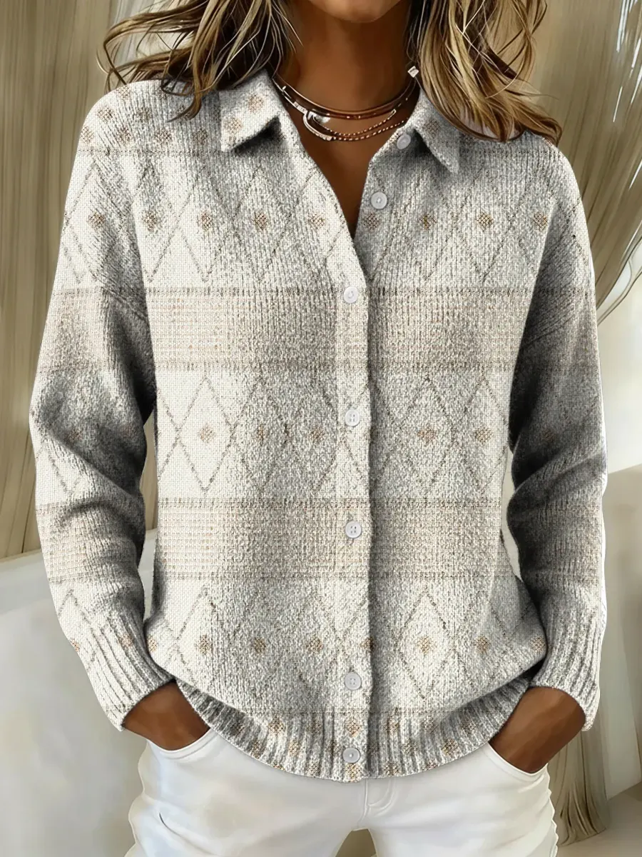 Women's Minimalist Geometric Ethnic Pattern Printed Collared Sweater