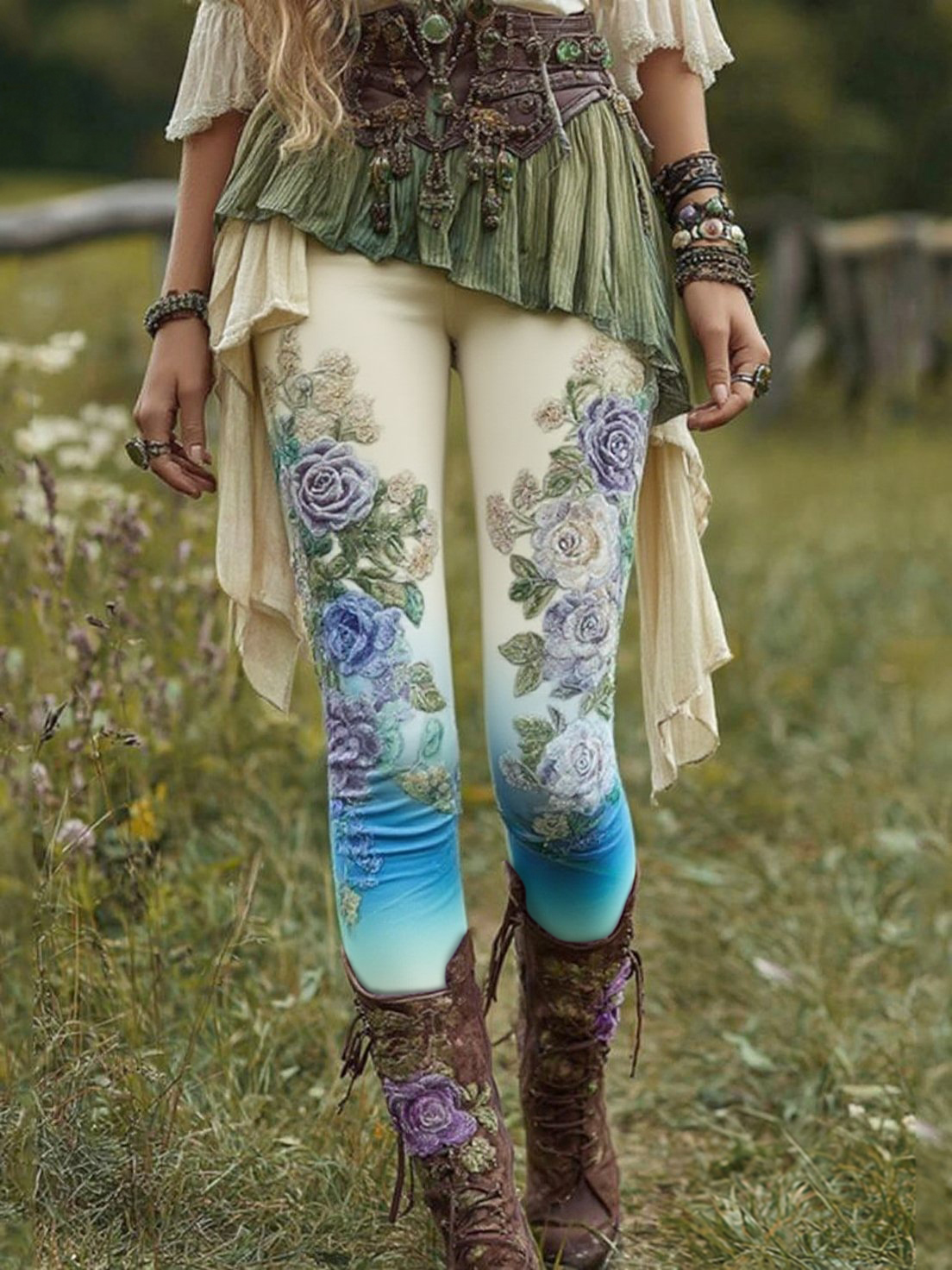 Vintage Purple Lavender And Floral Embroidered Casual Leggings