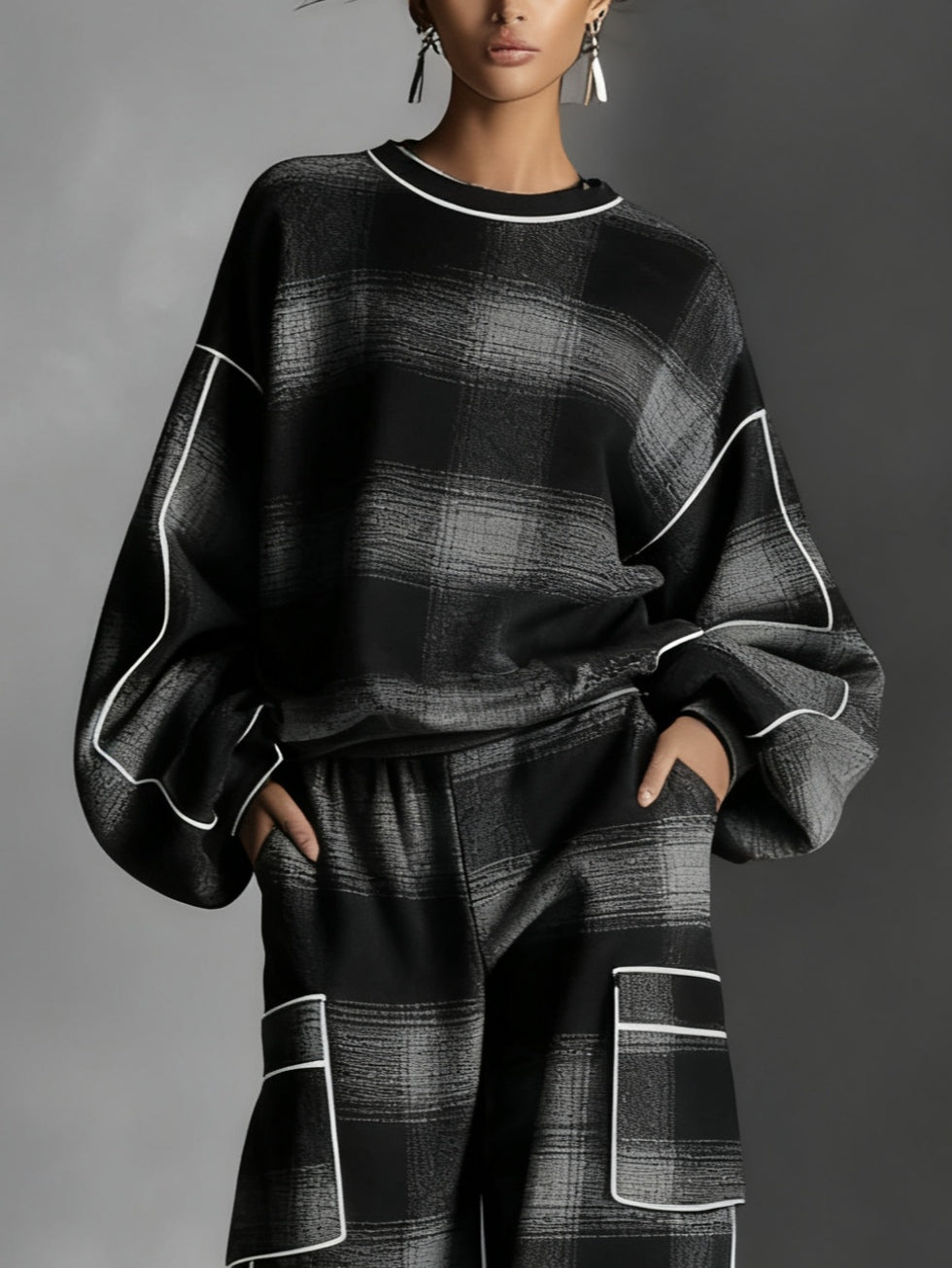 Black and Gray Plaid Color-blocked Sweatshirt and Casual Pants Two-piece set