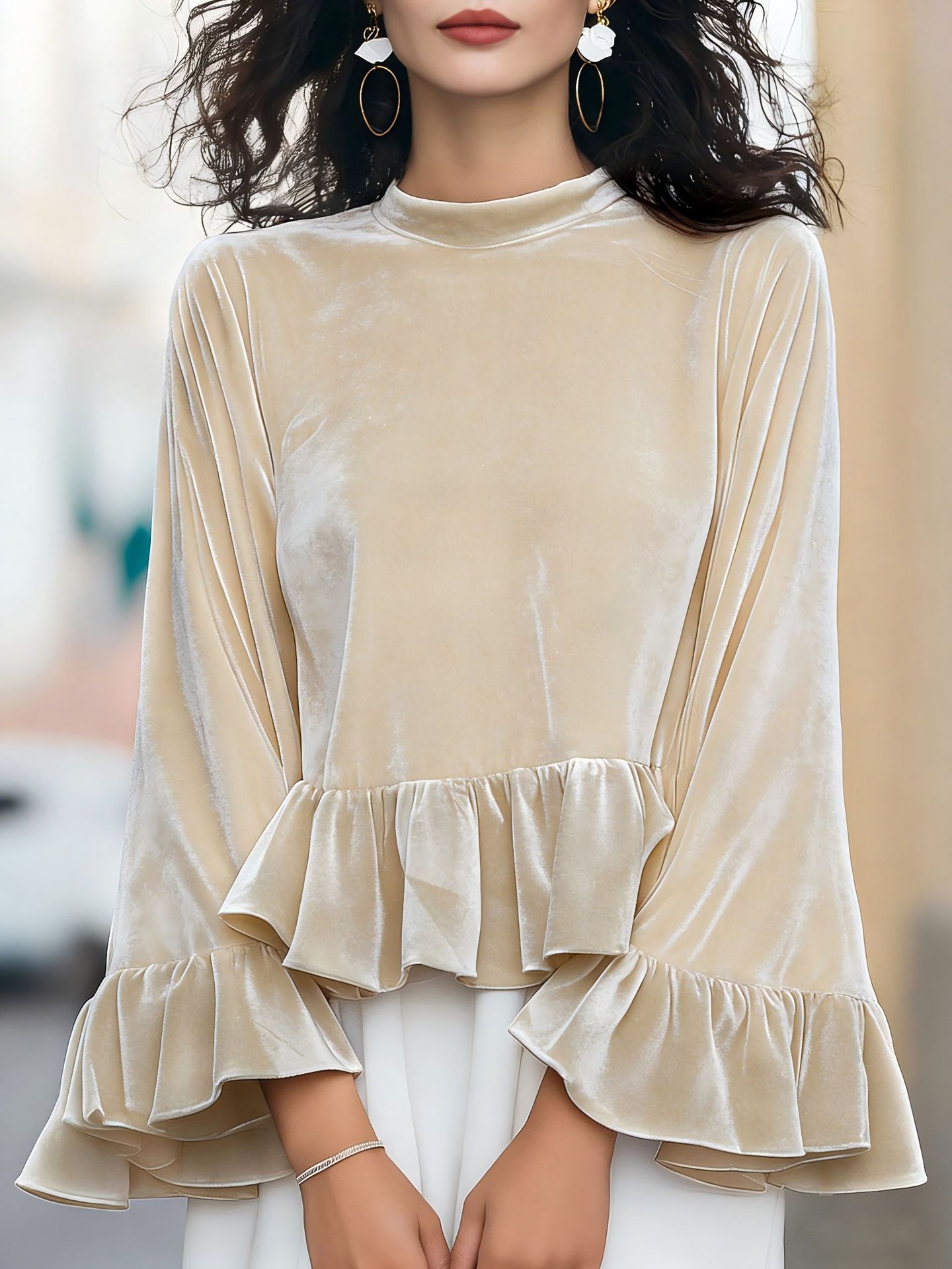 Round Neck Velvet Ruffle-Trim Blouse