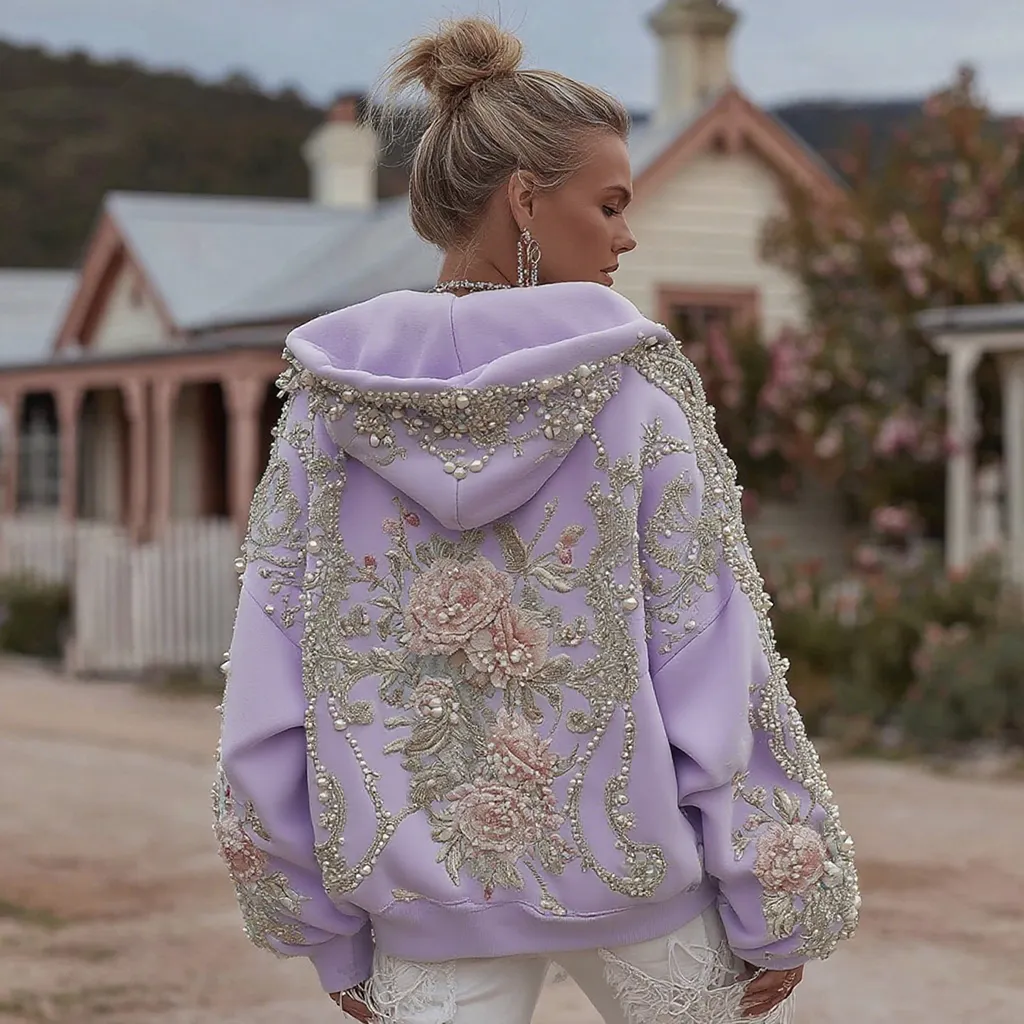 Women's Retro Bohemian Floral Embroidery Casual Hooded Sweatshirt