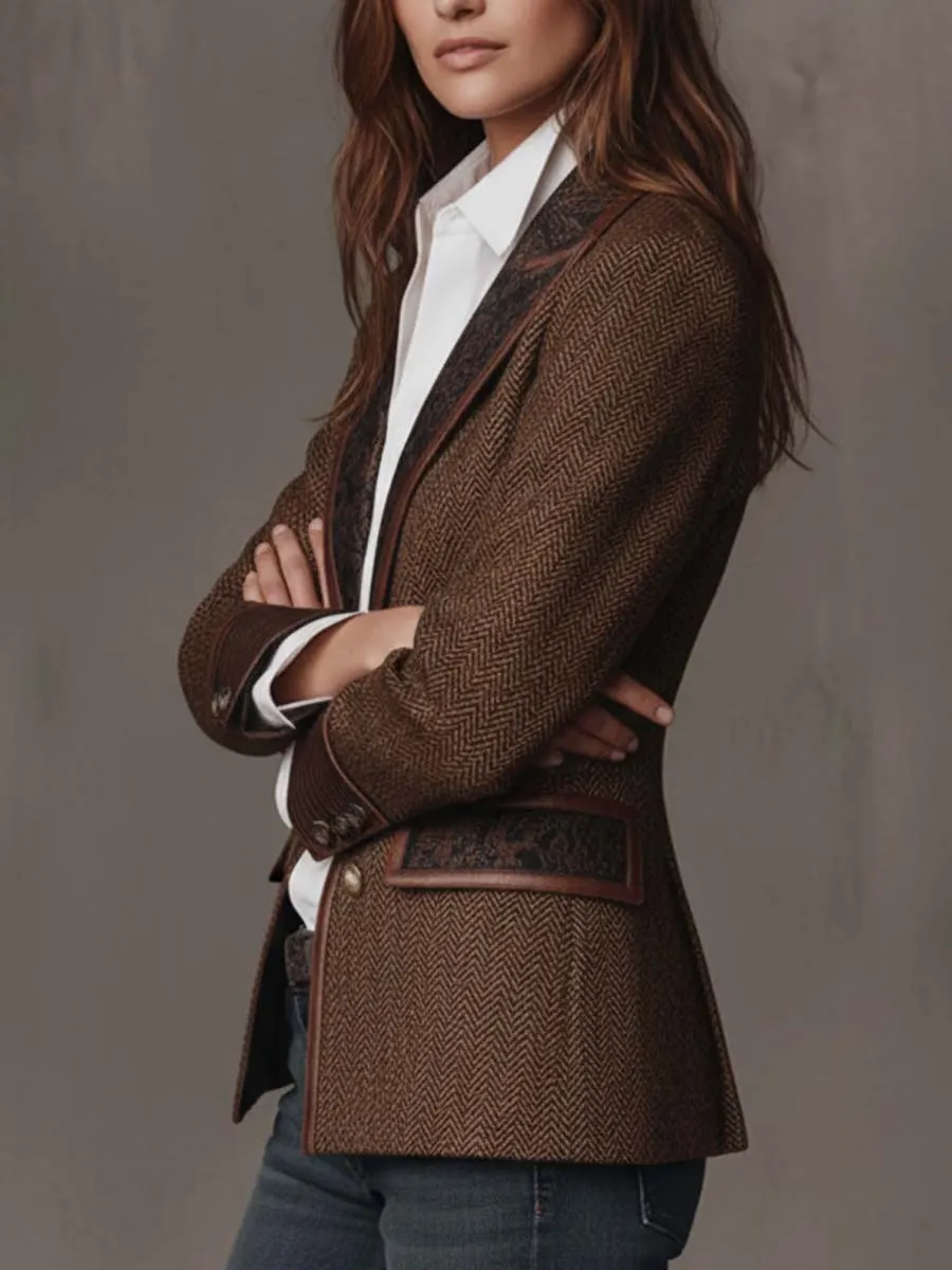 Herringbone Tweed Blazer With Printed Panels