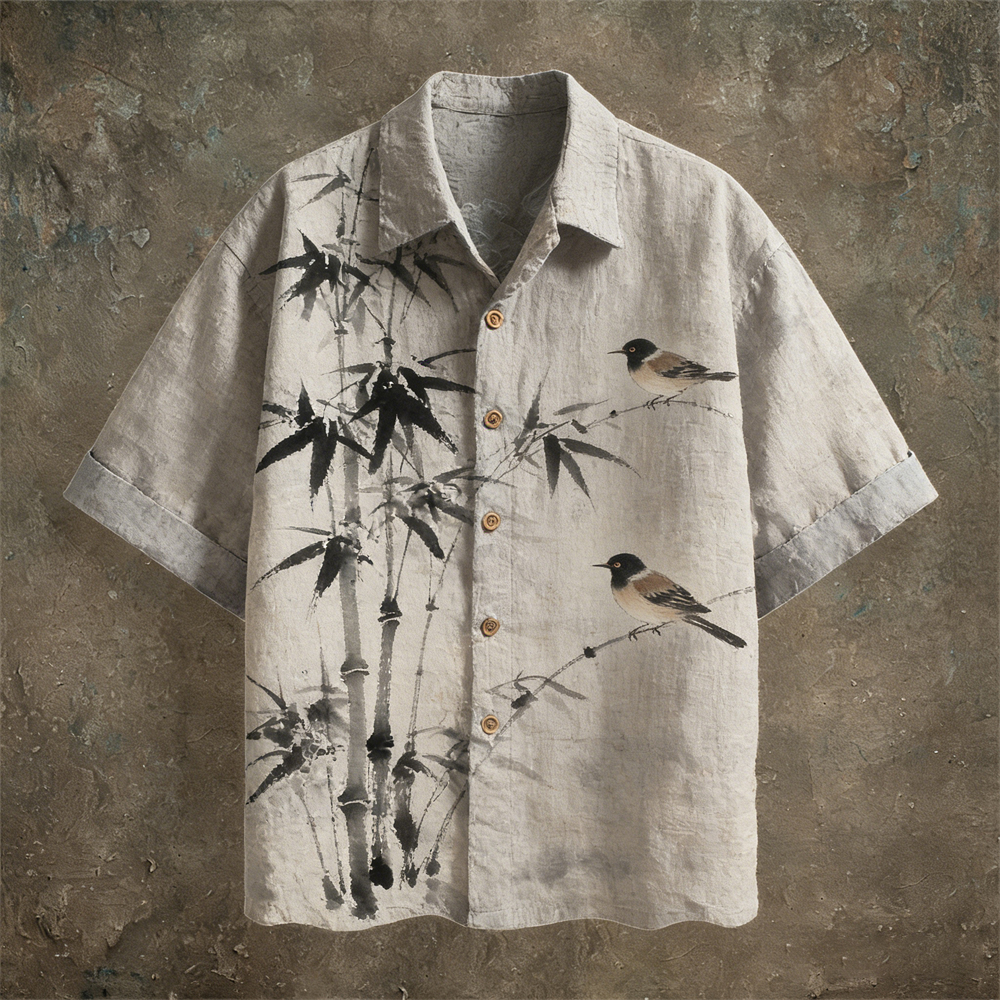 Japanese Ink Painting Art Linen Short Sleeve Shirt