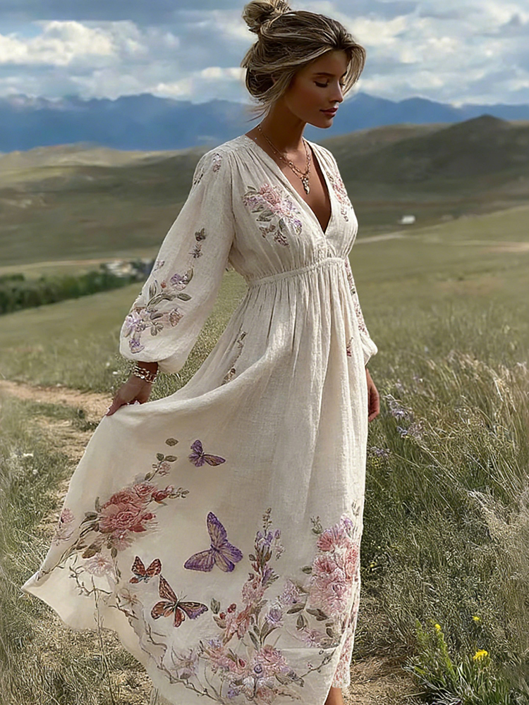 Women's Retro Bohemian Style Floral And Butterfly Comfortable V-neck Dress