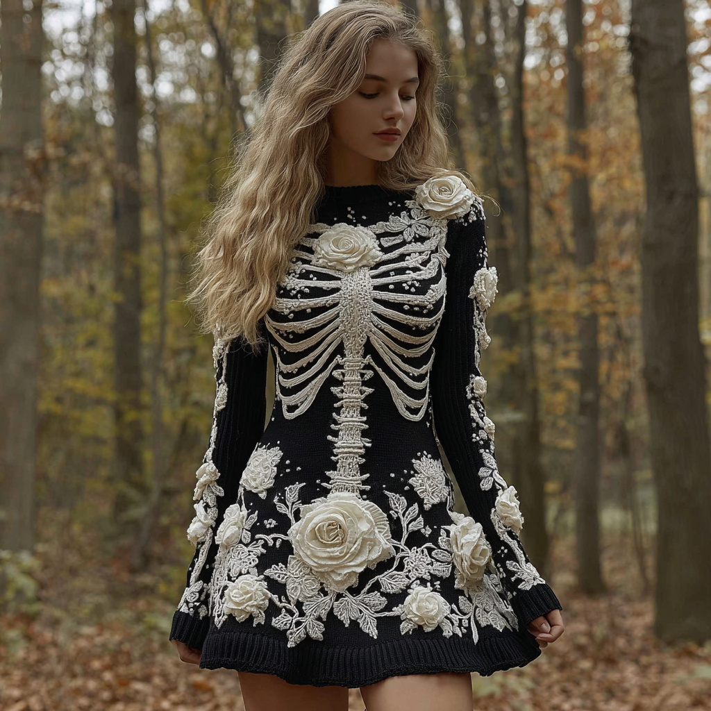 Women's Halloween Skeleton Bones Rose Comfortable Elegant Sweater Dress