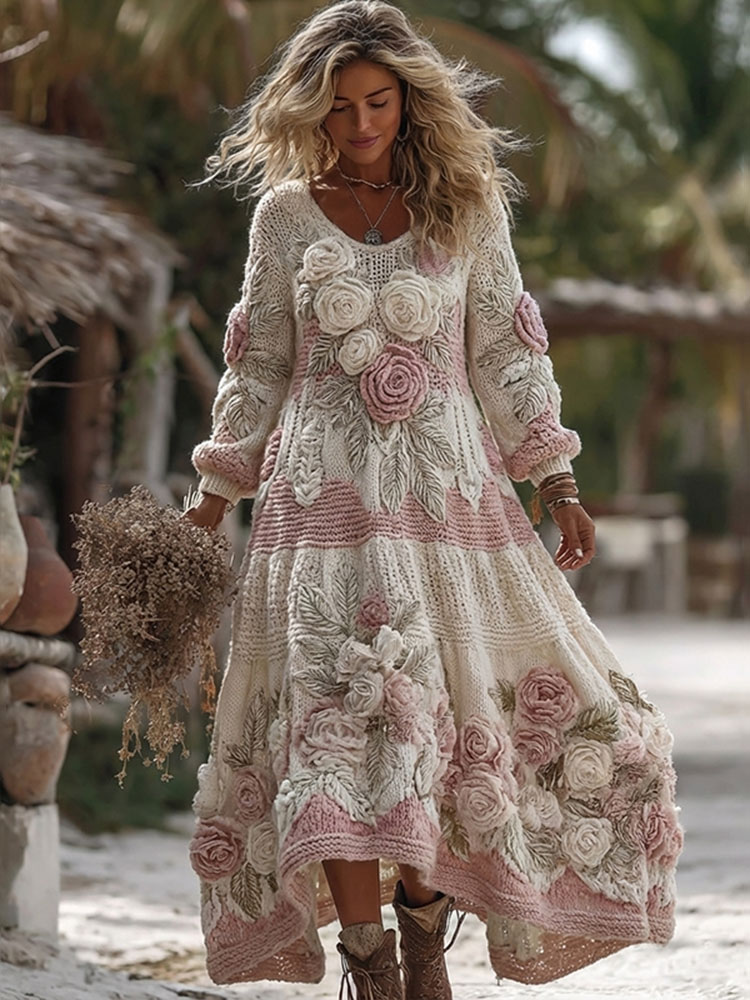 Women's Vintage Romantic White Rose Embroidery Art Comfy Knitted Maxi Dress
